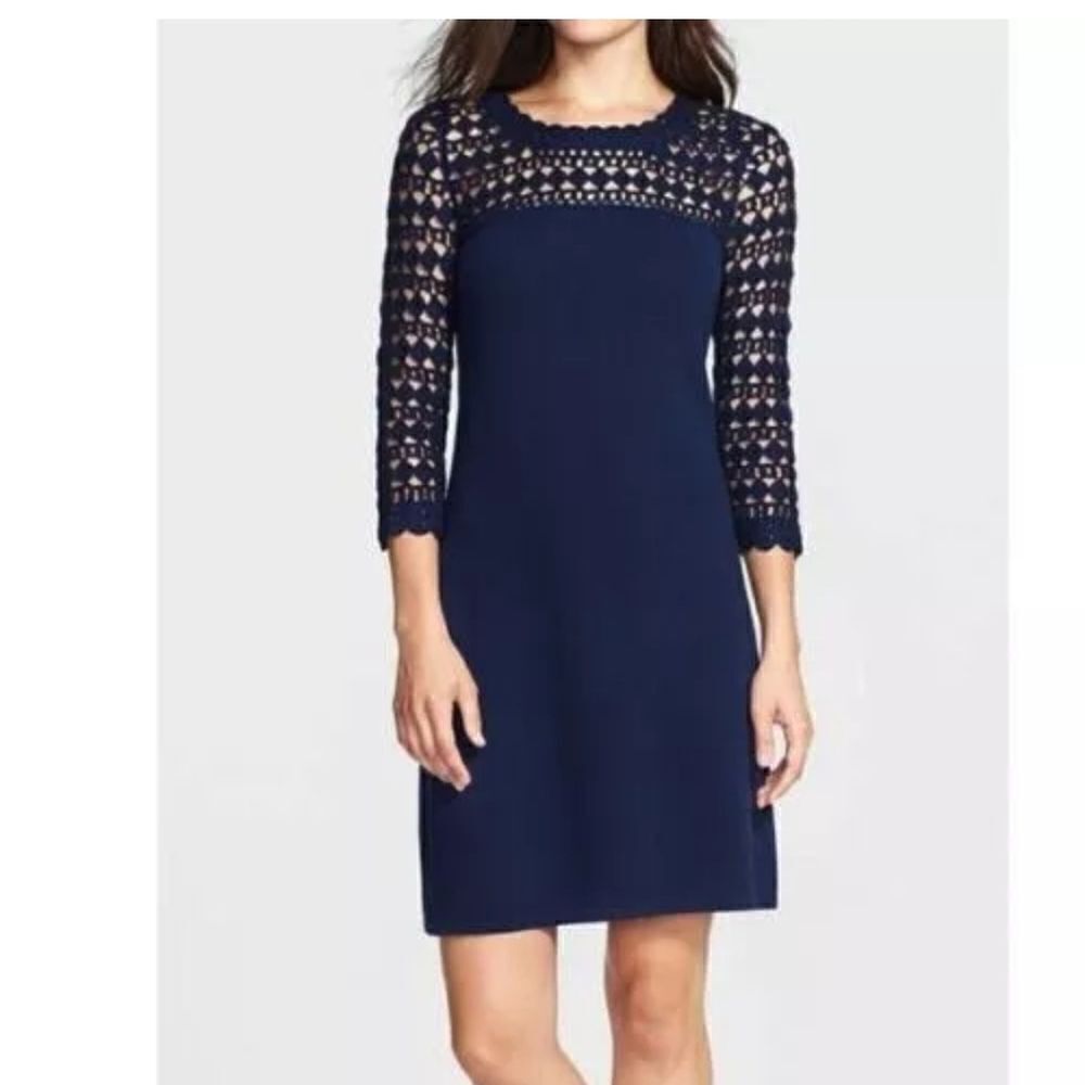 Lilly Pulitzer "Kariana" Navy Merino Wool Crochet Yoke 3/4 Sleeve Dress sz.XS